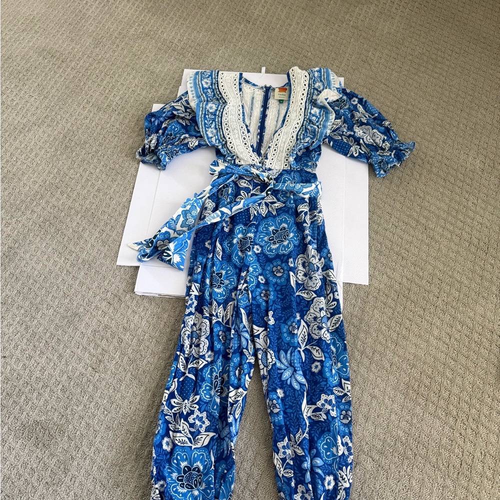 FARM Rio Blue & White Floral Wrap Jumpsuit with Crochet V-Neck